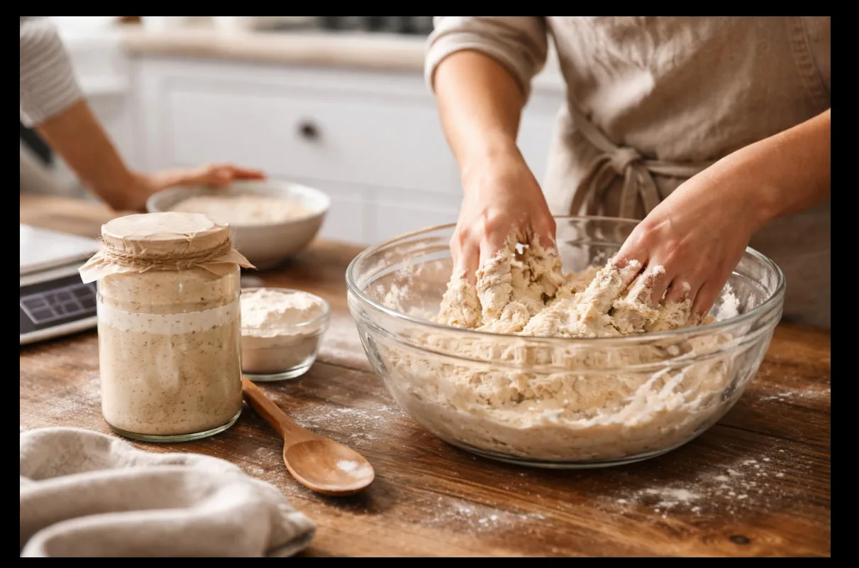 Hands mixing sourdough beside an active starter.